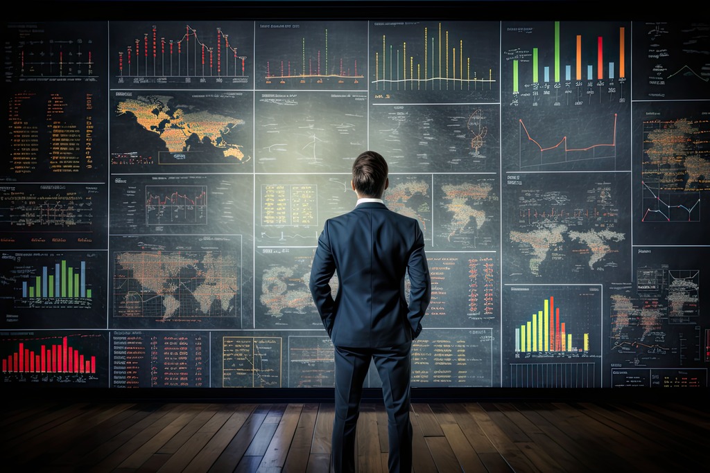 Investor vor Wand mit Charts